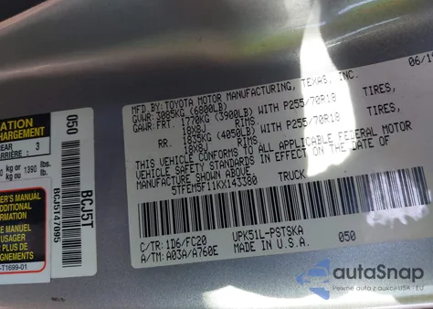 2019 Toyota Tundra Sr5 4.6L V8 z USA, uszkodzony, nr VIN 5TFEM5F11KX143380